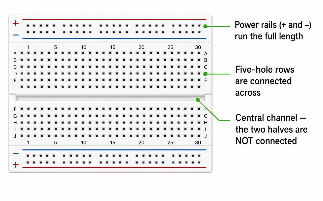 Labelled breadboard diagram showing the + and − power rails, the connected five-hole rows and the central channel that separates the two halves